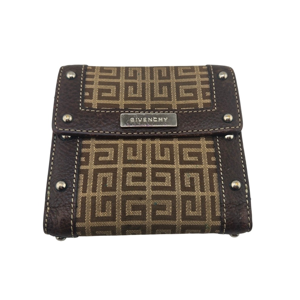 Givenchy Monogram 4G Canvas Leather Bifold Wallet Brown Silver Studs Vintage